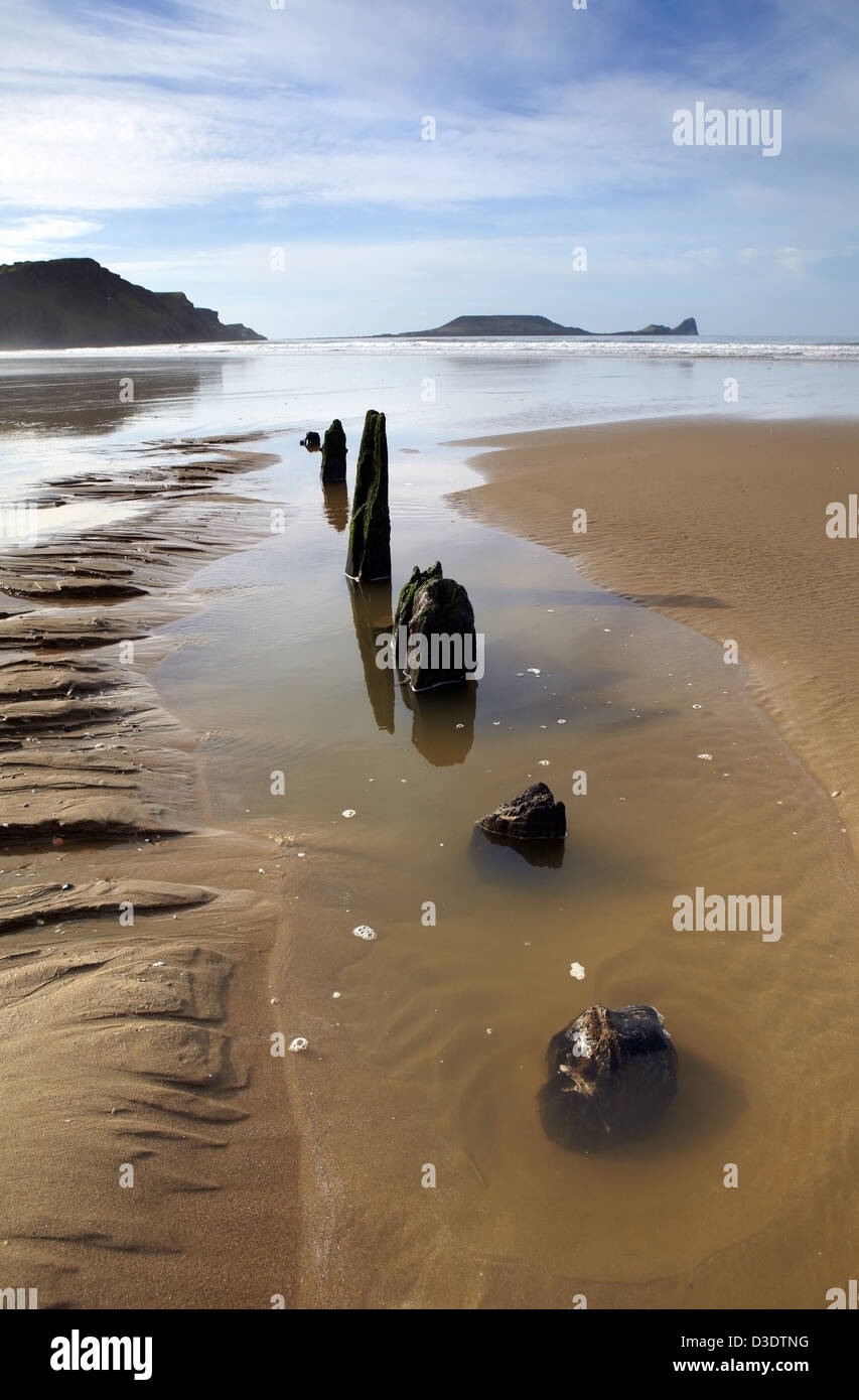 L'épave de l'Helvetia, Rhossili Beach, péninsule de Gower, au sud ouest du pays de Galles. Banque D'Images