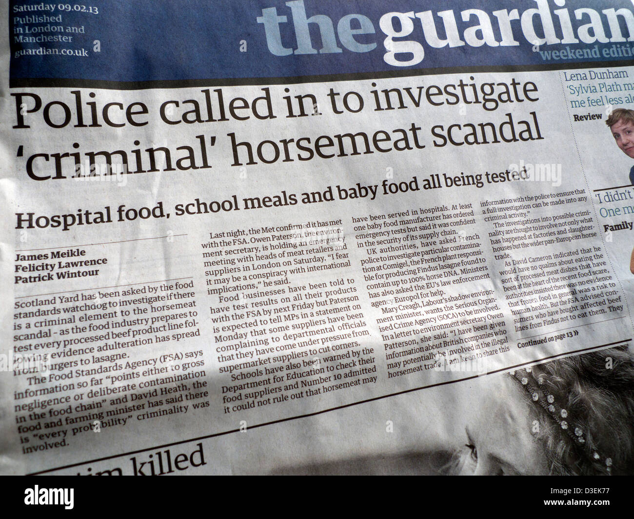 L'enquête policière sur les titres de presse à scandale de la viande de cheval sur la première page du journal The Guardian 09.02.13 London UK Banque D'Images