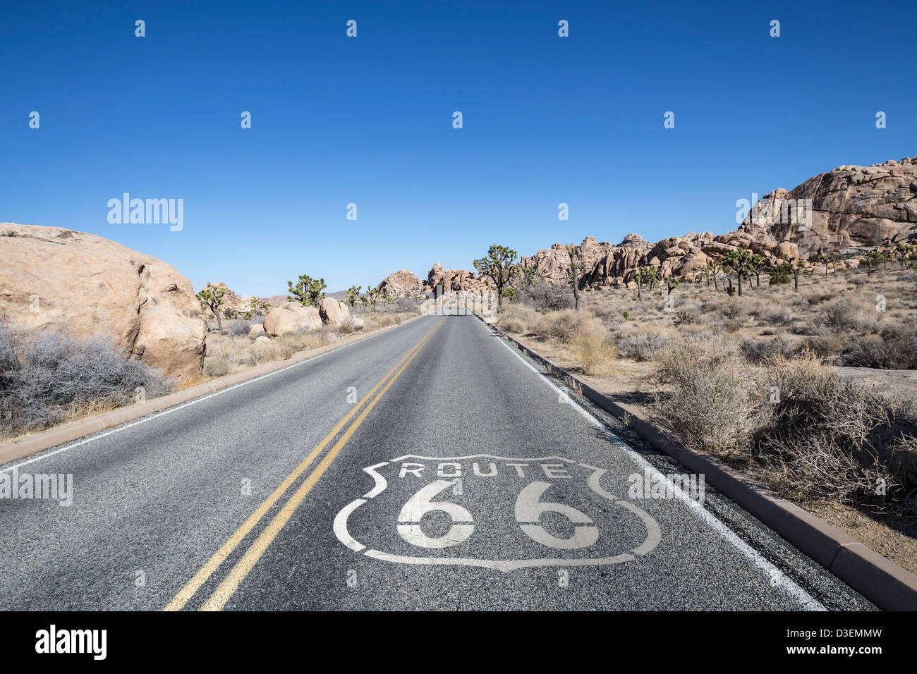 La route de Joshua tree avec Route 66 pavement sign dans le désert de Mojave en Californie. Banque D'Images