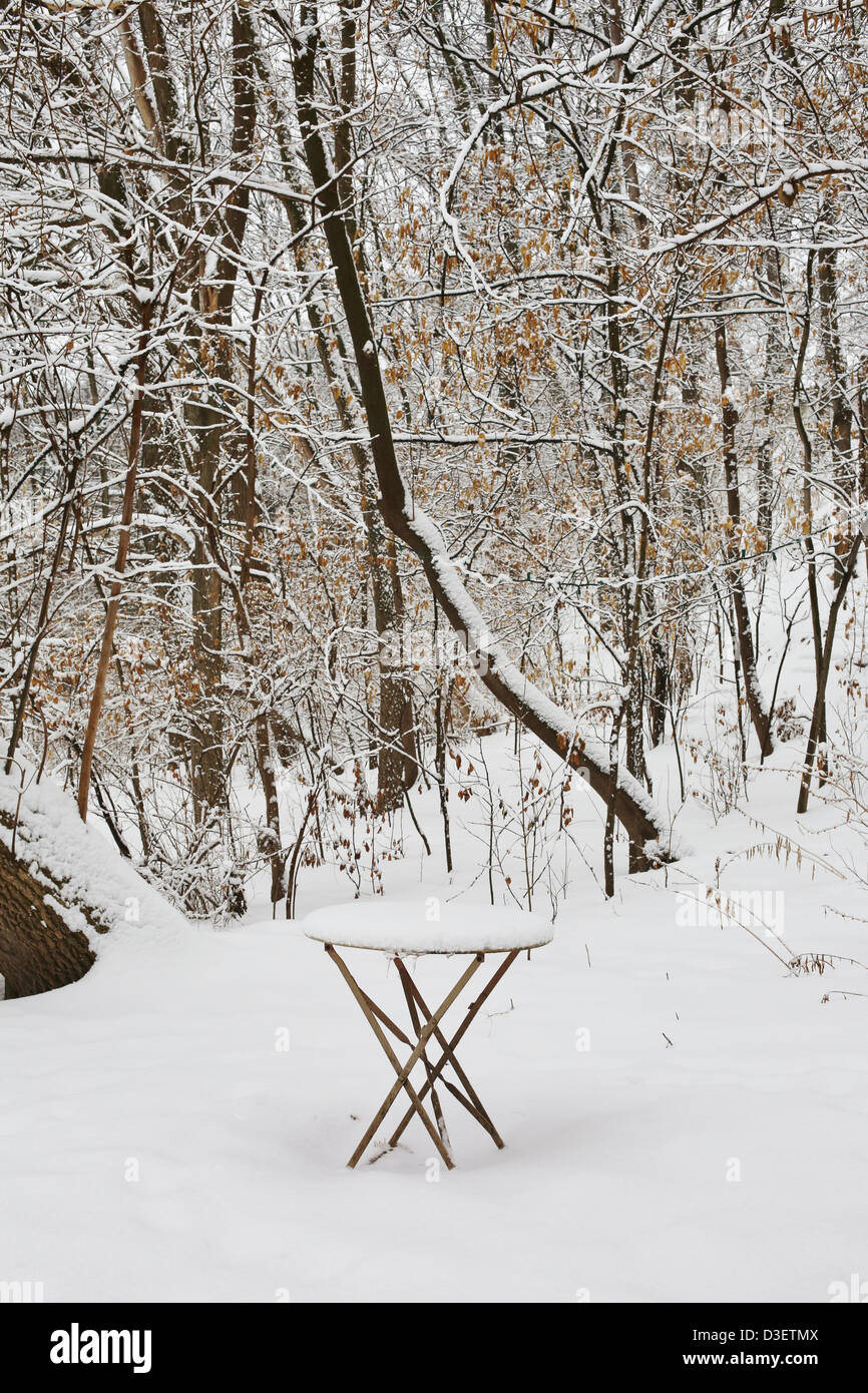 Une table pliante en plein air et couvertes de neige. Banque D'Images