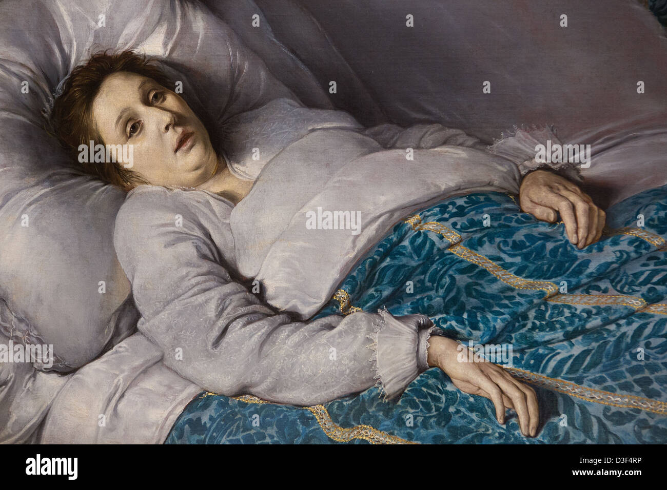 Jeune femme sur son lit de mort, peinture à l'huile créées par un artiste flamand inconnu au 17ème siècle. Banque D'Images