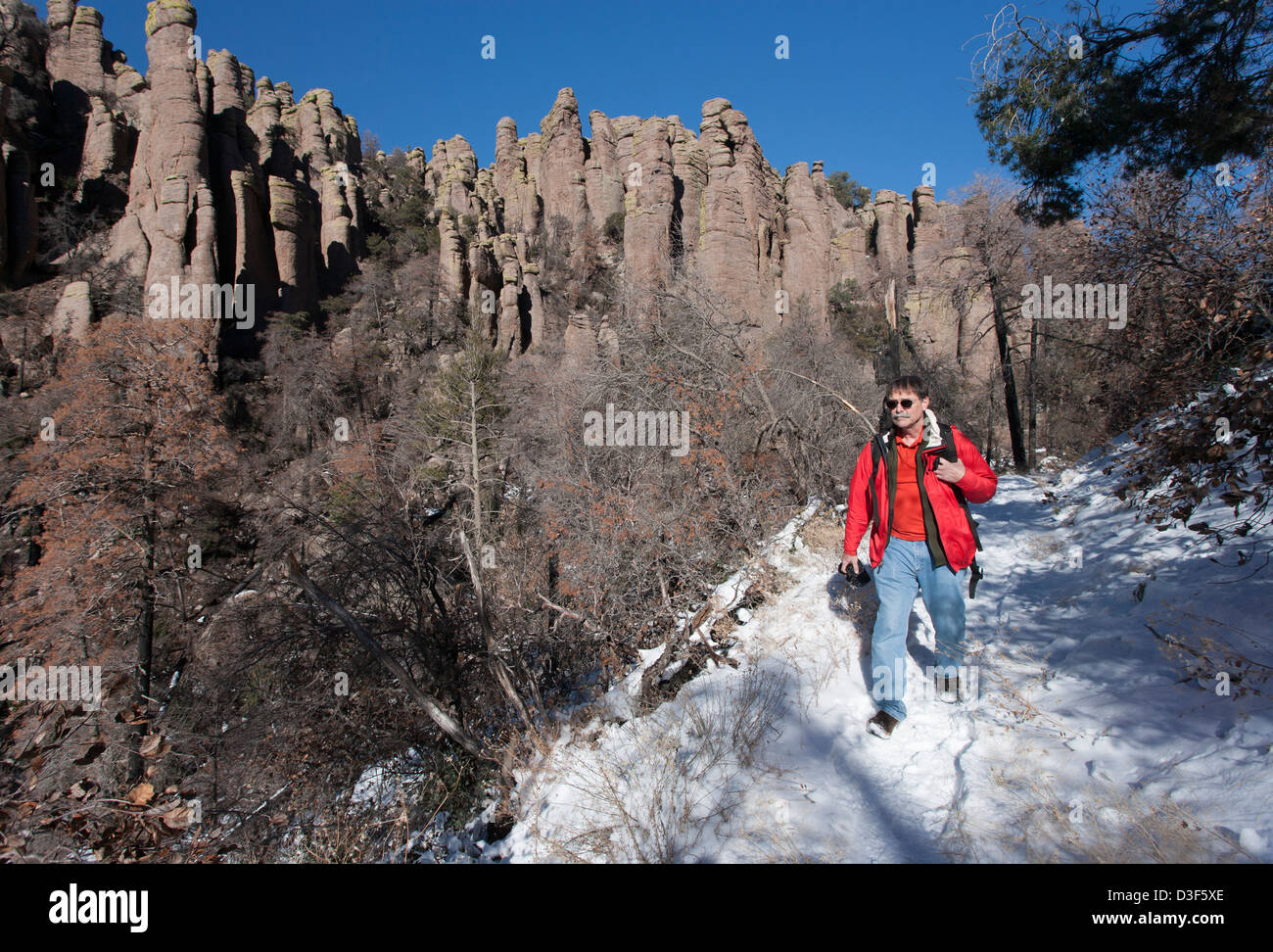 Homme randonnée dans les Chiricahuas en hiver Banque D'Images