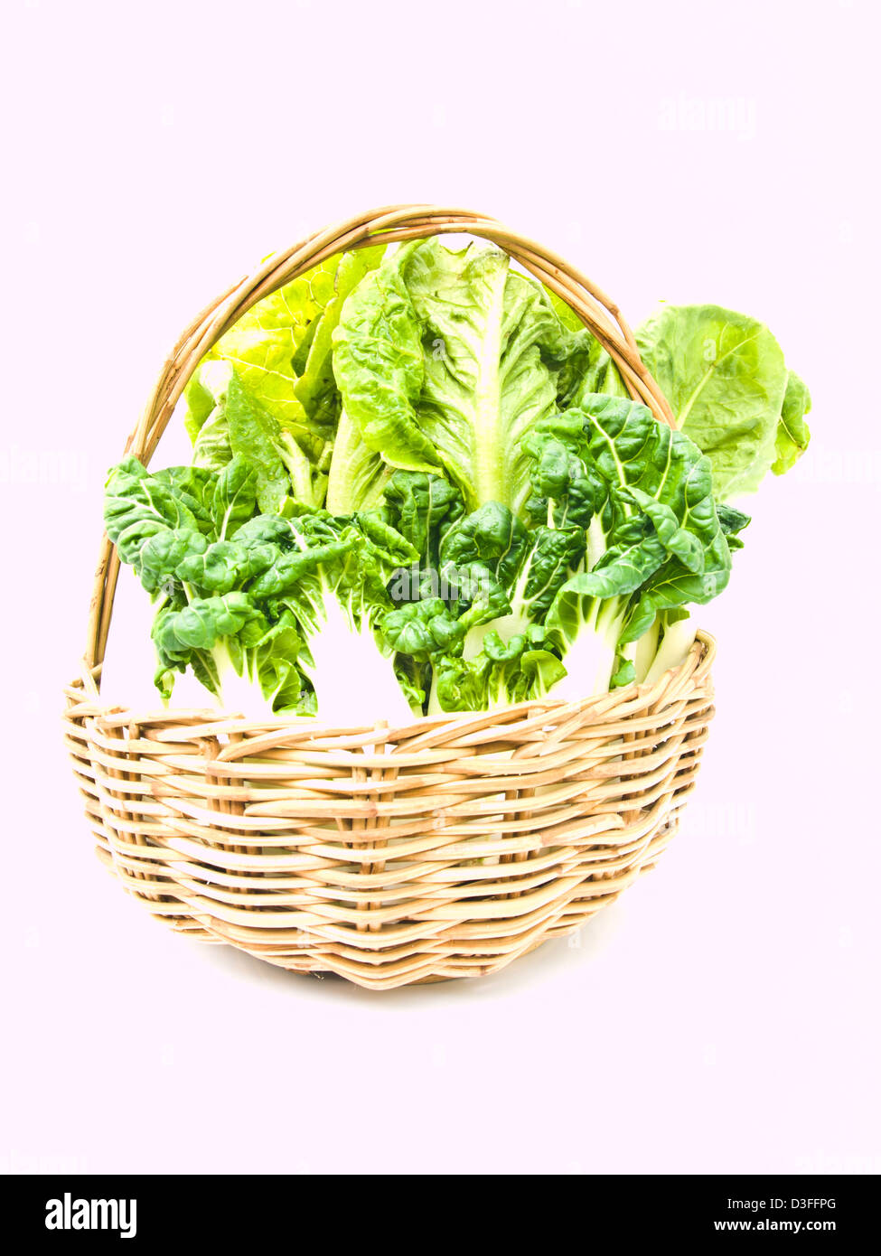 Des petits bok choy et cos en salade ratten panier isolé sur fond blanc Banque D'Images Des petits bok choy et cos en salade ratten panier isolé sur fond blanc Banque D'Images