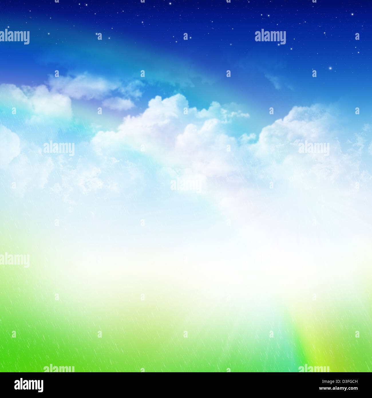 Ciel nuageux Ciel bleu avec des étoiles, double arc-en-ciel, pluie et terrain vert abstract background Banque D'Images