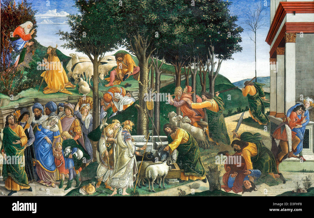 Sandro Botticelli, les épreuves de Moïse 1482 Fresco. Chapelle Sixtine, Vatican Banque D'Images