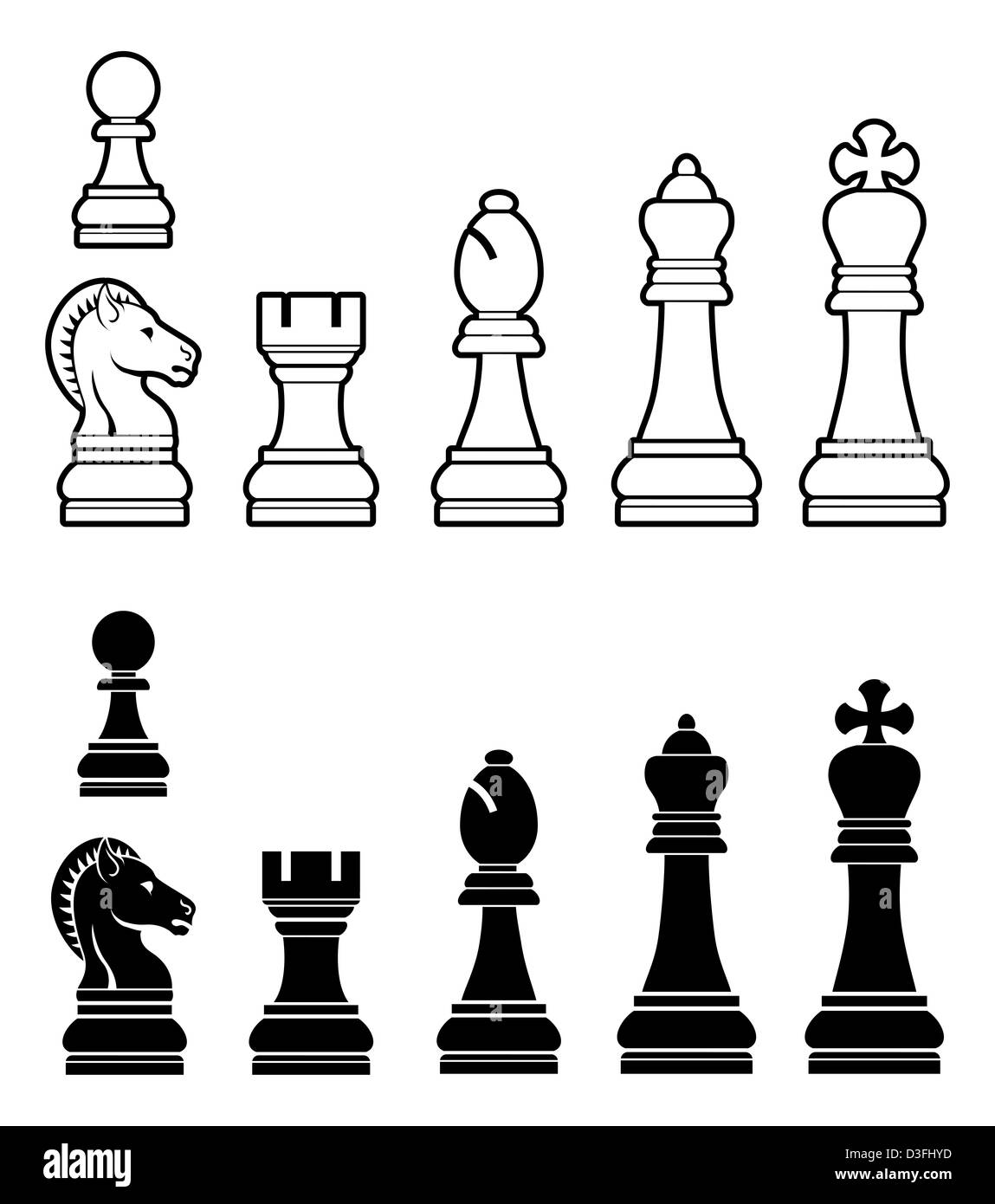 Une illustration d'un jeu complet de pièces d'échecs en noir et blanc Banque D'Images