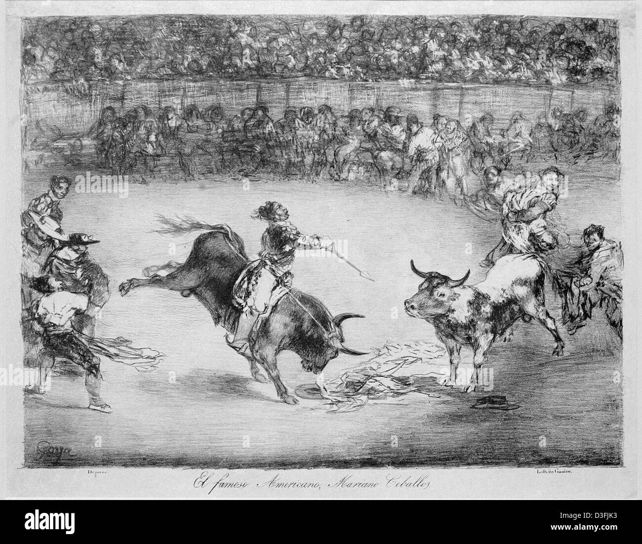 (Afp) - La photo montre un litograph de la scène 'El famoso Americano, Mariano : MM. Ceballo' (la célèbre American Mariano : MM. Ceballo) par Francisco de Goya, représenté à la Tauromaquia (l'art de la corrida) exposition à la Kunsthalle (art hall) à Hambourg, 10 juillet 2003. L'ambitieuse série corrida de Goya, "La Tauromaquia', était composé initialement de trente trois gravures exécutées avec plats typiques Banque D'Images