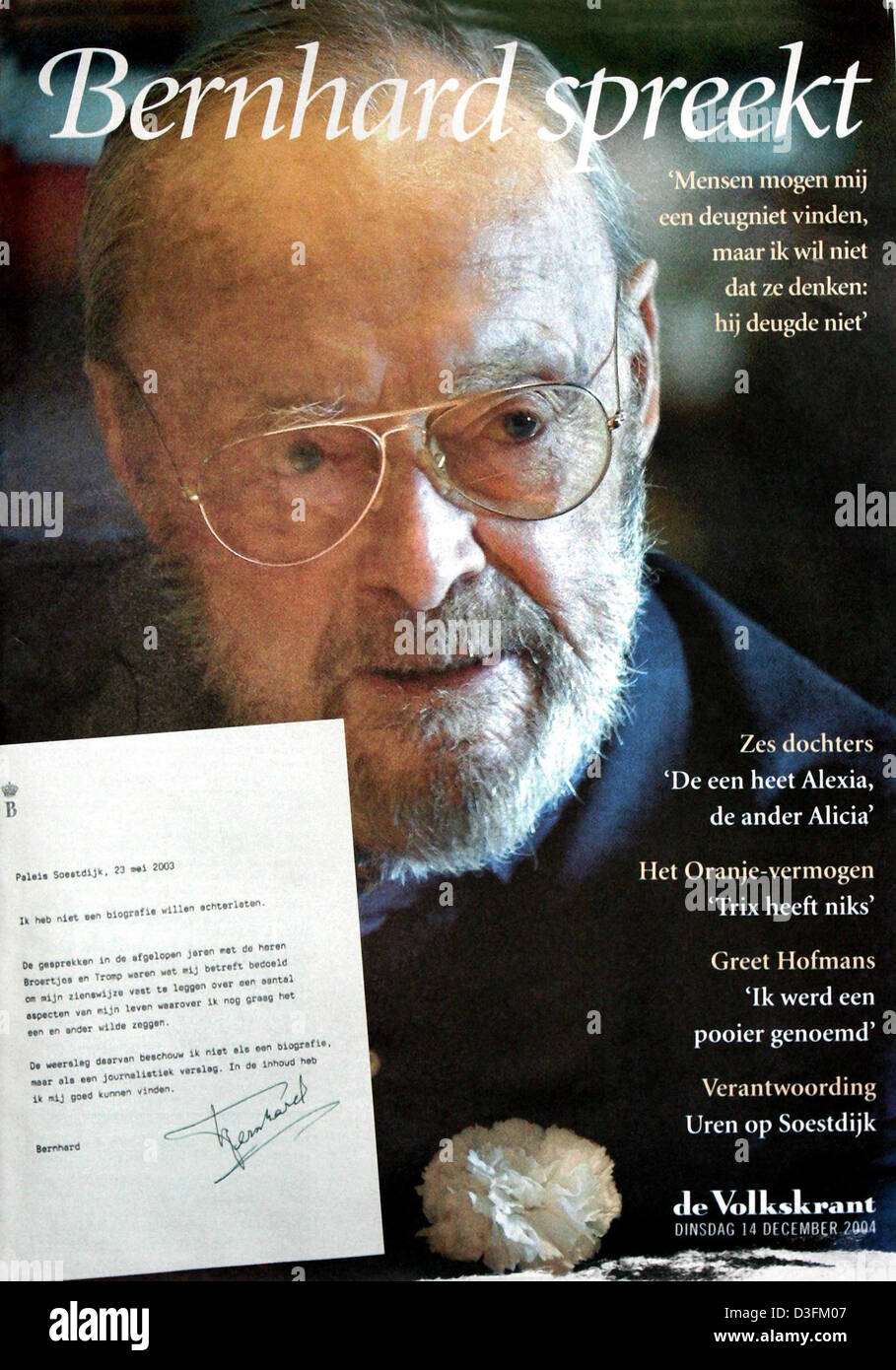 (Afp) - Le journal "Volkskrant" publié le 14 décembre 2004 une interview dans laquelle le Prince Bernhard des Pays-Bas a admis qu'il a deux filles illégitimes. Un 37-year-old femme française nommée Alexia et une femme américaine appelée Alicia qui est d'environ 50 ans sont la moitié des sœurs de la Reine Beatrix le prince Bernhard a dit au "Volkskrant" avant sa mort. L'article publié Banque D'Images