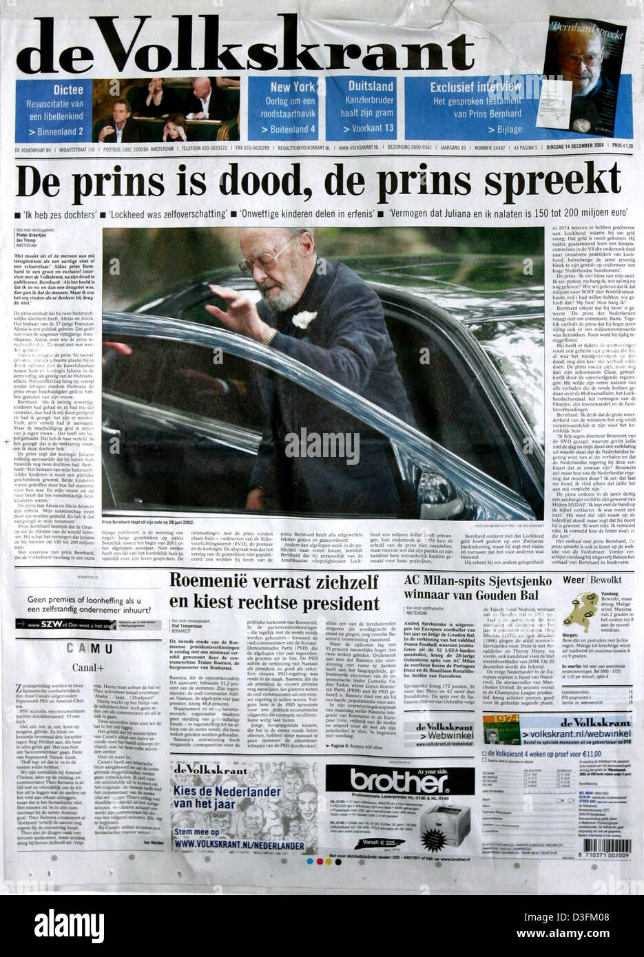 (Afp) - Le journal "Volkskrant" publié le 14 décembre 2004 une interview dans laquelle le Prince Bernhard des Pays-Bas a admis qu'il a deux filles illégitimes. Un 37-year-old femme française nommée Alexia et une femme américaine appelée Alicia qui est d'environ 50 ans sont la moitié des sœurs de la Reine Beatrix le prince Bernhard a dit au "Volkskrant" avant sa mort. L'article publié Banque D'Images