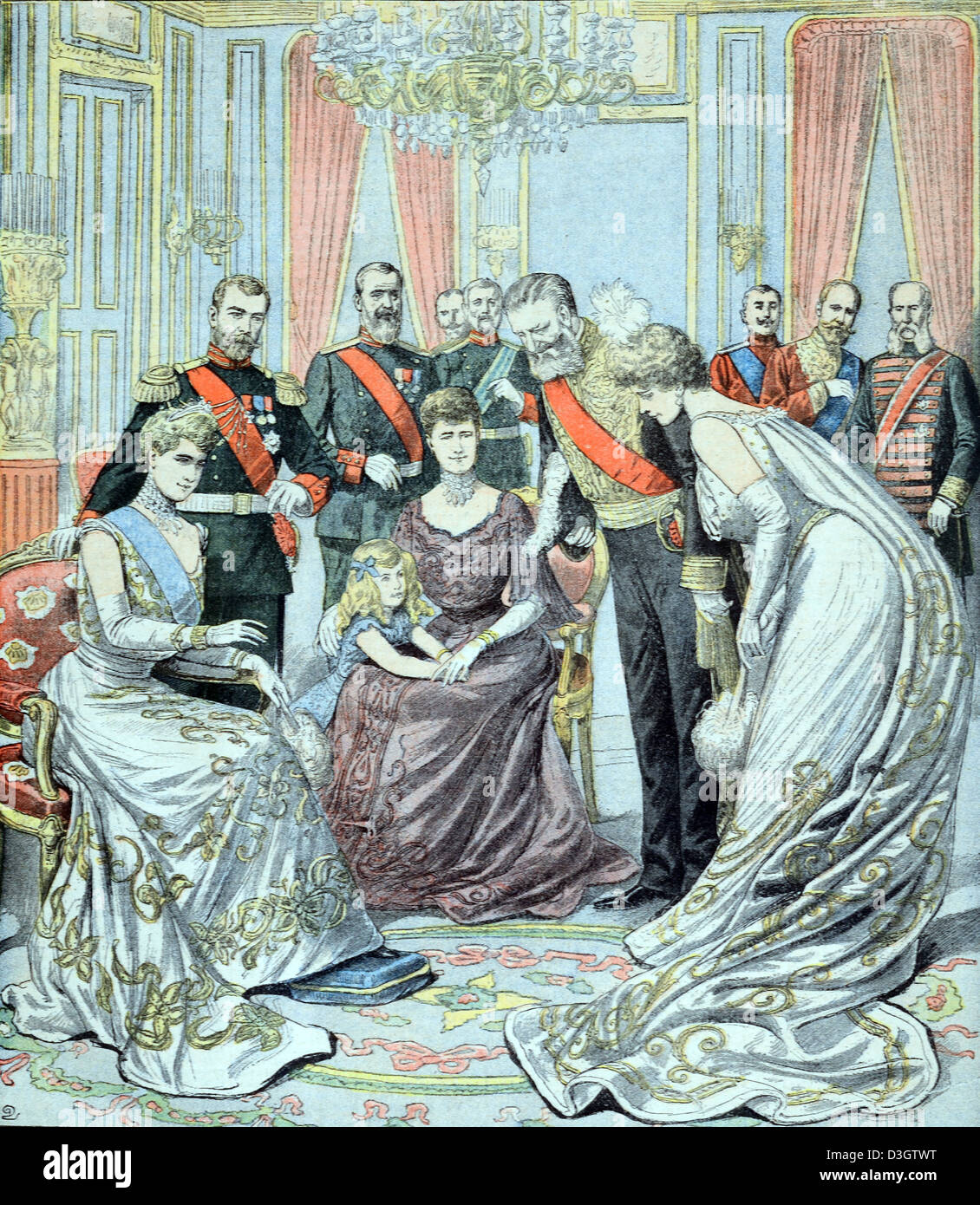Réception du tsar russe ou de l'empereur Nicolas II de Russie et de l'ambassadeur français à Saint-Pétersbourg (février 1903). Vintage ou ancienne illustration ou gravure 1903 Banque D'Images
