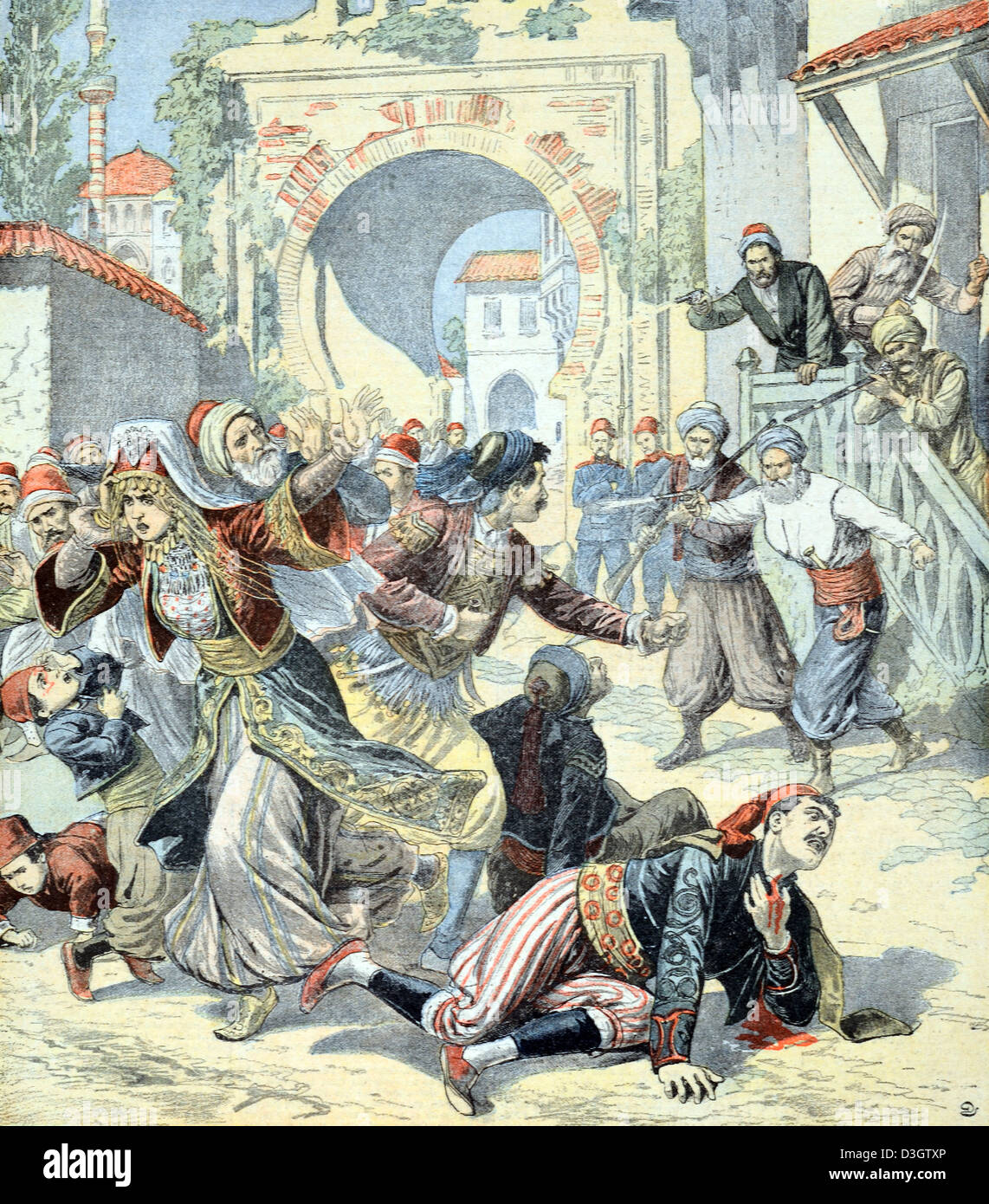 Les Turcs ottomans attaquent le mariage orthodoxe chrétien (février 1903) en Macédoine pendant les guerres des Balkans. Vintage ou Old EnGraving ou Illustration 1903 Banque D'Images