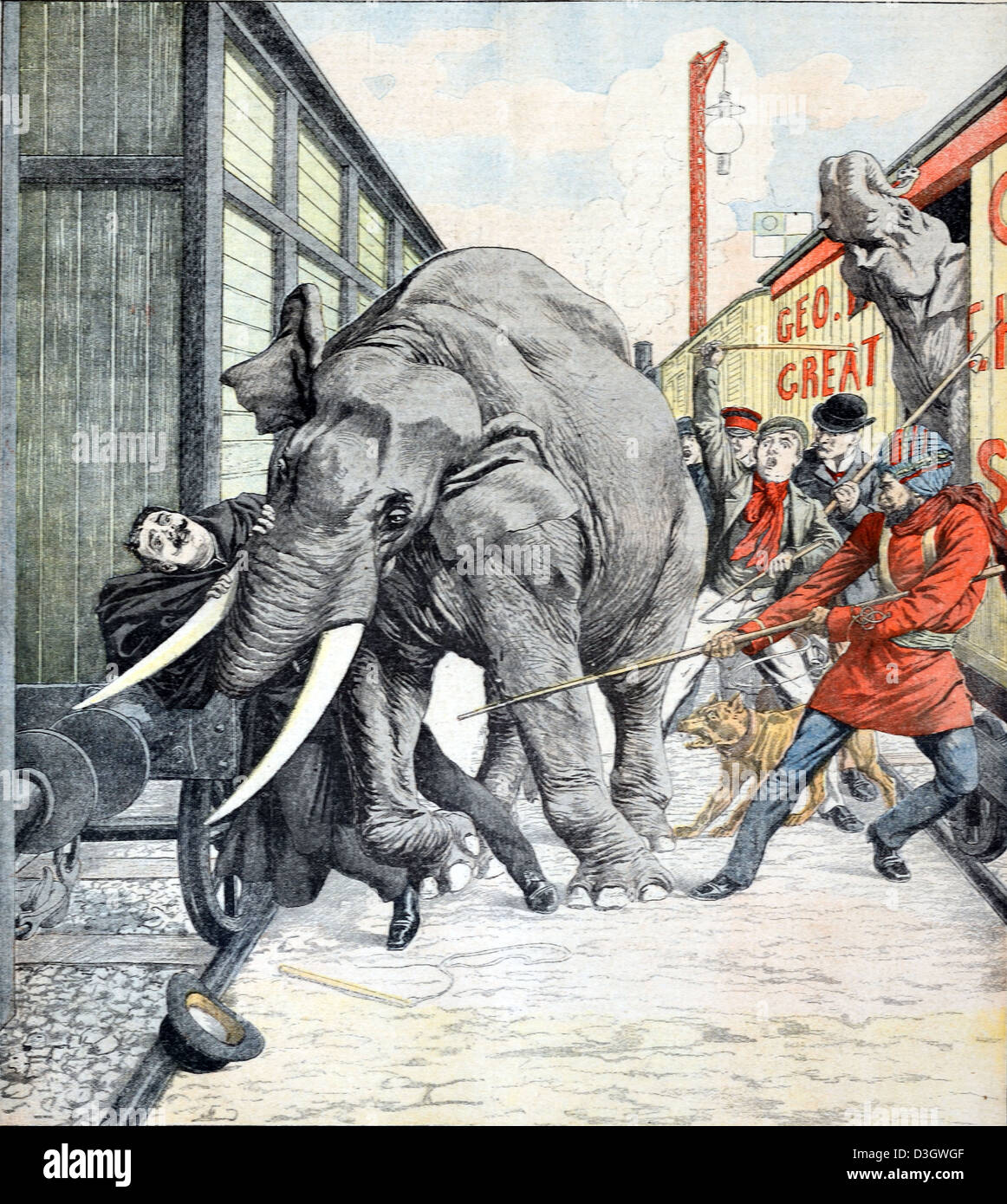Mort de George William Lockhart, entraîneur d'éléphant (1849-1904) écrasé au Stampede par "Sauce" à Walthamstow Station Angleterre. Illustration vintage ou gravure 1904 Banque D'Images
