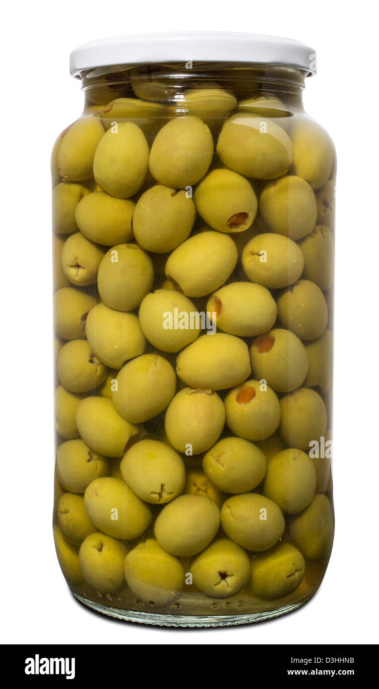 Vert marinés olives farcies aux poivrons rouges Banque D'Images
