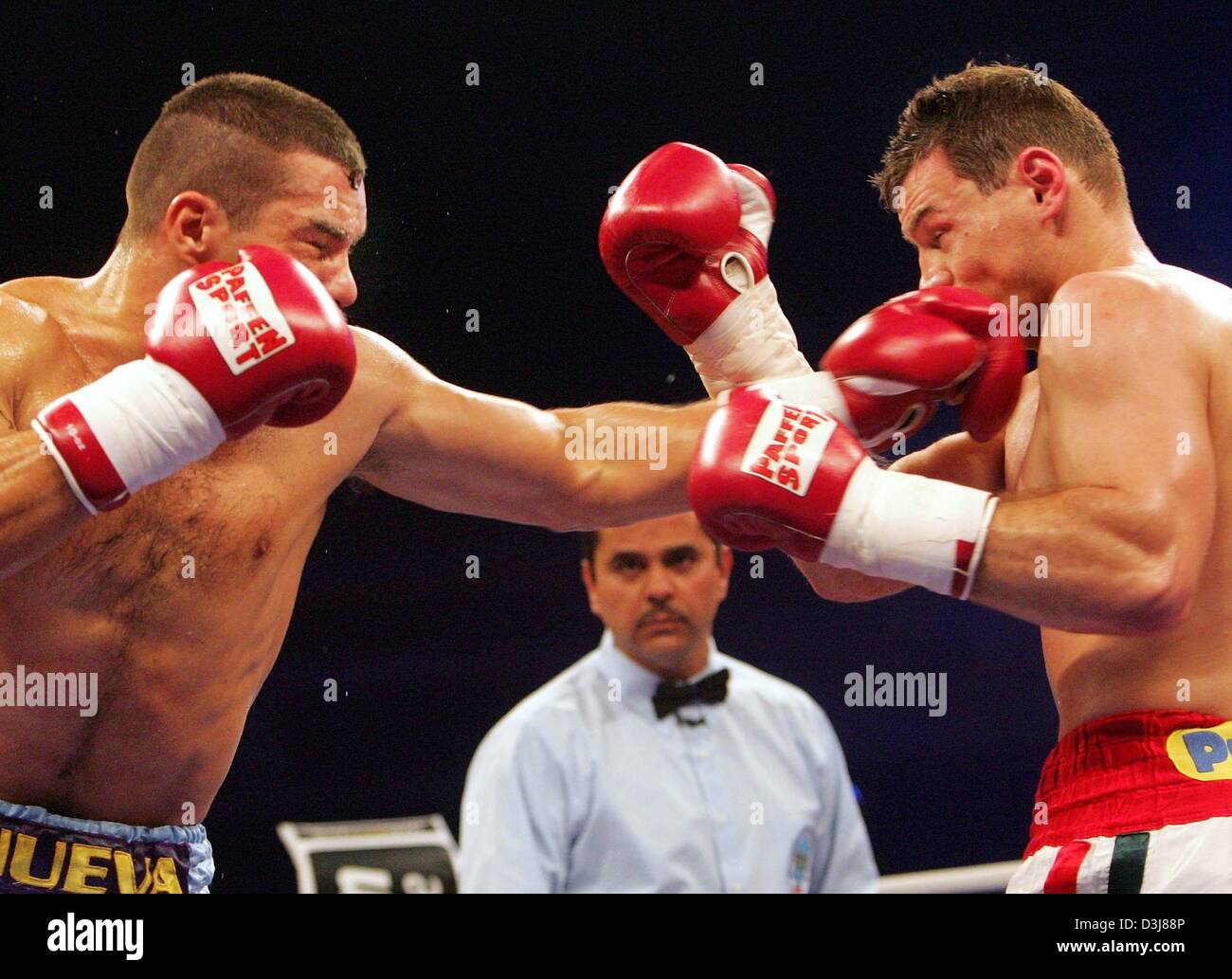 (Afp) - Le boxeur hongrois Zsolt Erdei (R) prend un coup de poing de son adversaire et challenger boxeur Argentin Hugo Hernán Garay au cours de la lutte pour le titre de champion du monde dans la catégorie cruiserweight à Dortmund, en Allemagne, 8 mai 2004. 29-year-old Erdei a été en mesure de défendre son titre et remporte le combat aux points. La lutte contre les marques Garay la première défaite dans ses 21 combats professionnels. Banque D'Images