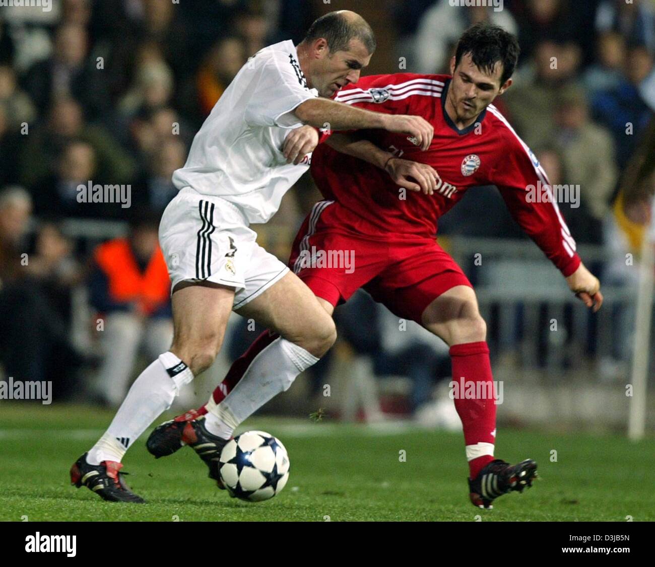 Dpa) joueur du Real Madrid Zinedine Zidane (à gauche) et le FC Bayern  Munich dvd Willy Sagnol lutte pour le ballon au cours de la Ligue des  Champions finale match aller 1/8