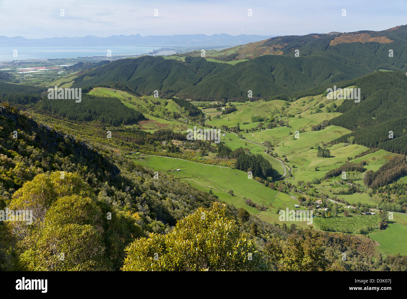 Hawkes Lookout sur la vallée dans les collines Takaka, Nouvelle-Zélande Banque D'Images