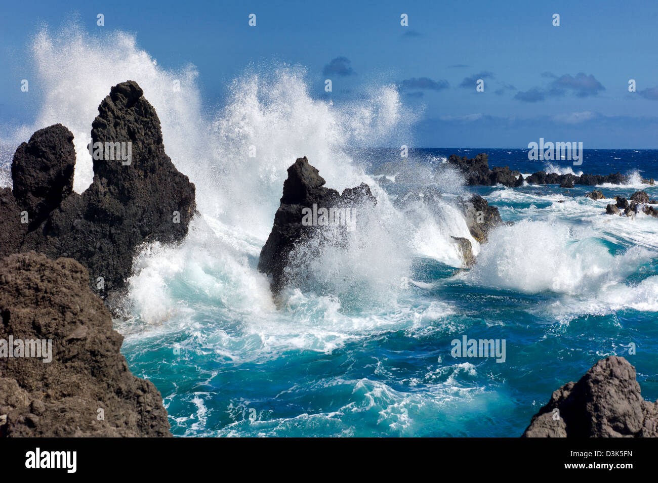 Vagues se briser sur les roches volcaniques. Laupahoehoe Point Beach Park. New York, la grande île. Banque D'Images