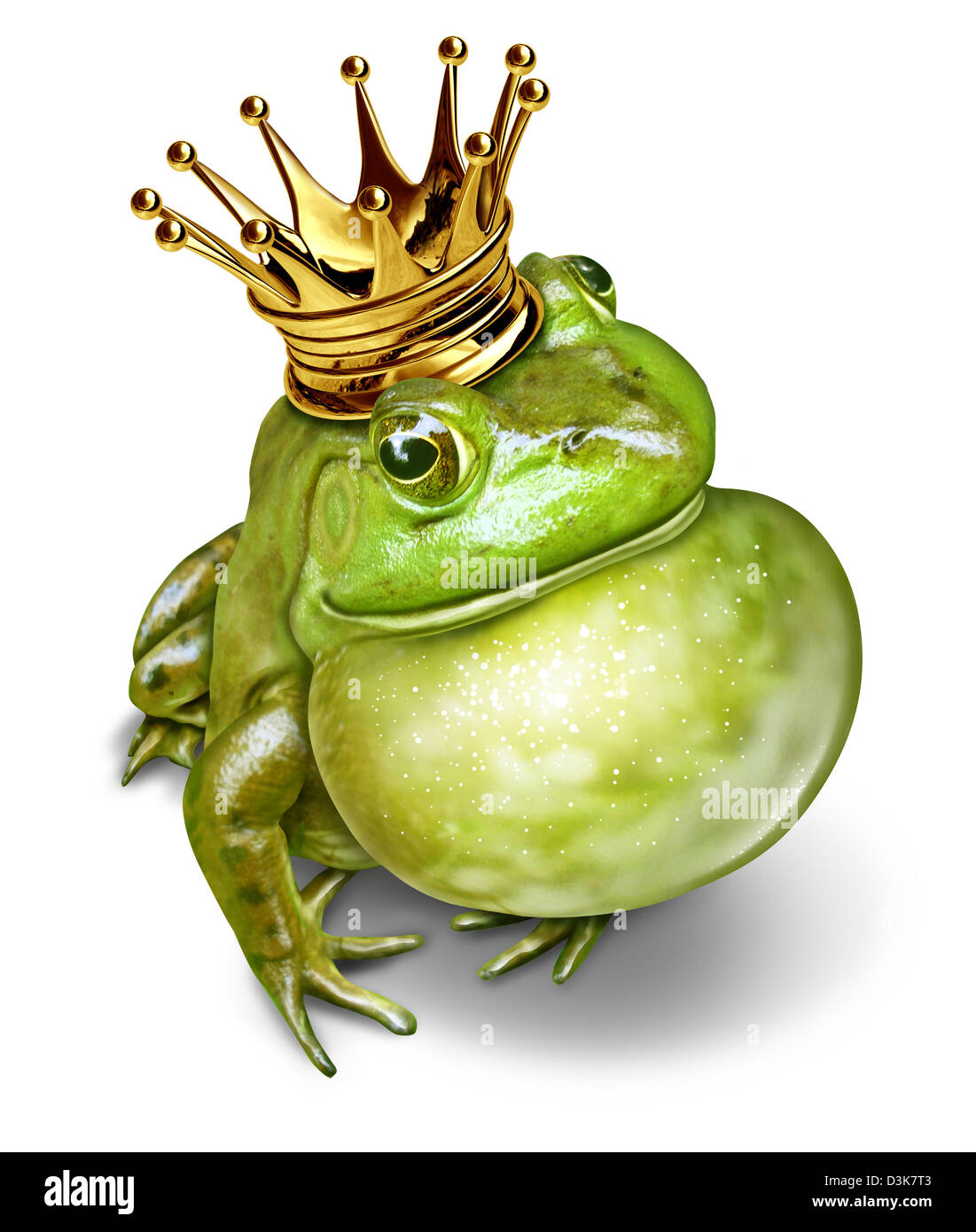 Le prince grenouille avec couronne d'or et une gorge gonflée représentant le concept de conte de fées de la communication modifier Banque D'Images
