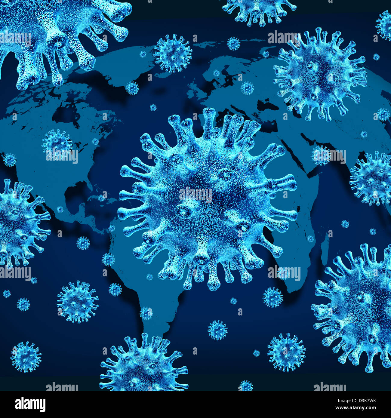 Les virus et l'infection par le virus du monde comme un symbole de la santé avec des bactéries contagieuses dangereuses infecter différentes populations que l'Asie russie Europe du Sud et Amérique Latine sur un fond bleu. Banque D'Images