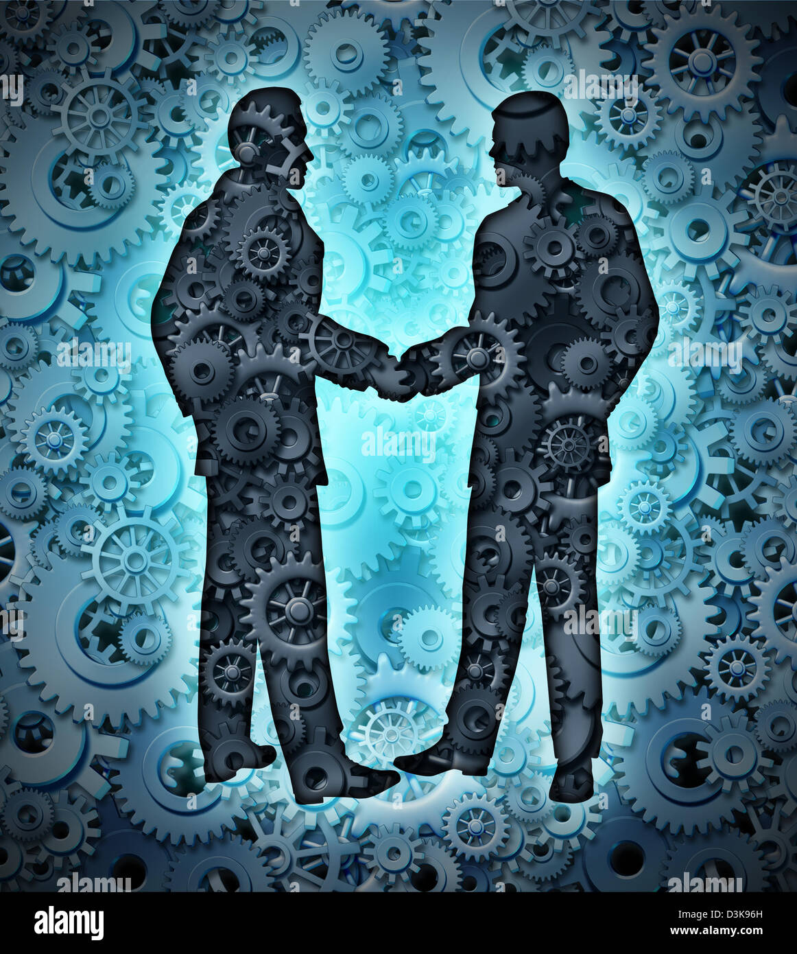 Accord de l'industrie avec deux business men shaking hands on a background d'un groupe d'engrenages en trois dimensions et cogs travailler en partenariat pour une coopération forte. Banque D'Images