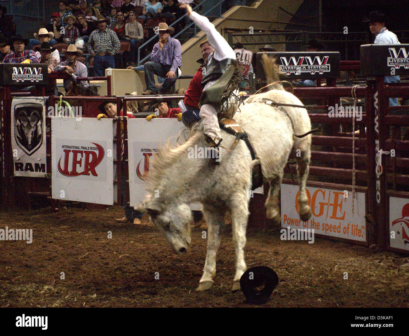 Tronçonnage bronco Cowboy riding horse au cours de la National Finals Rodeo à Oklahoma City, Oklahoma, USA Banque D'Images