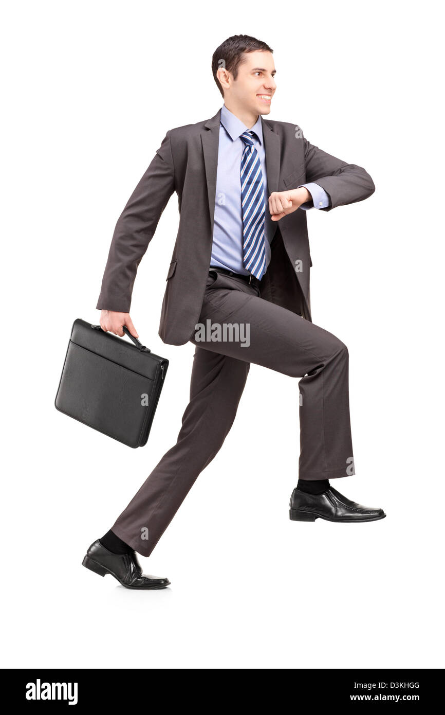 Portrait d'un homme d'une escalade escalier virtuel isolé sur fond blanc Banque D'Images