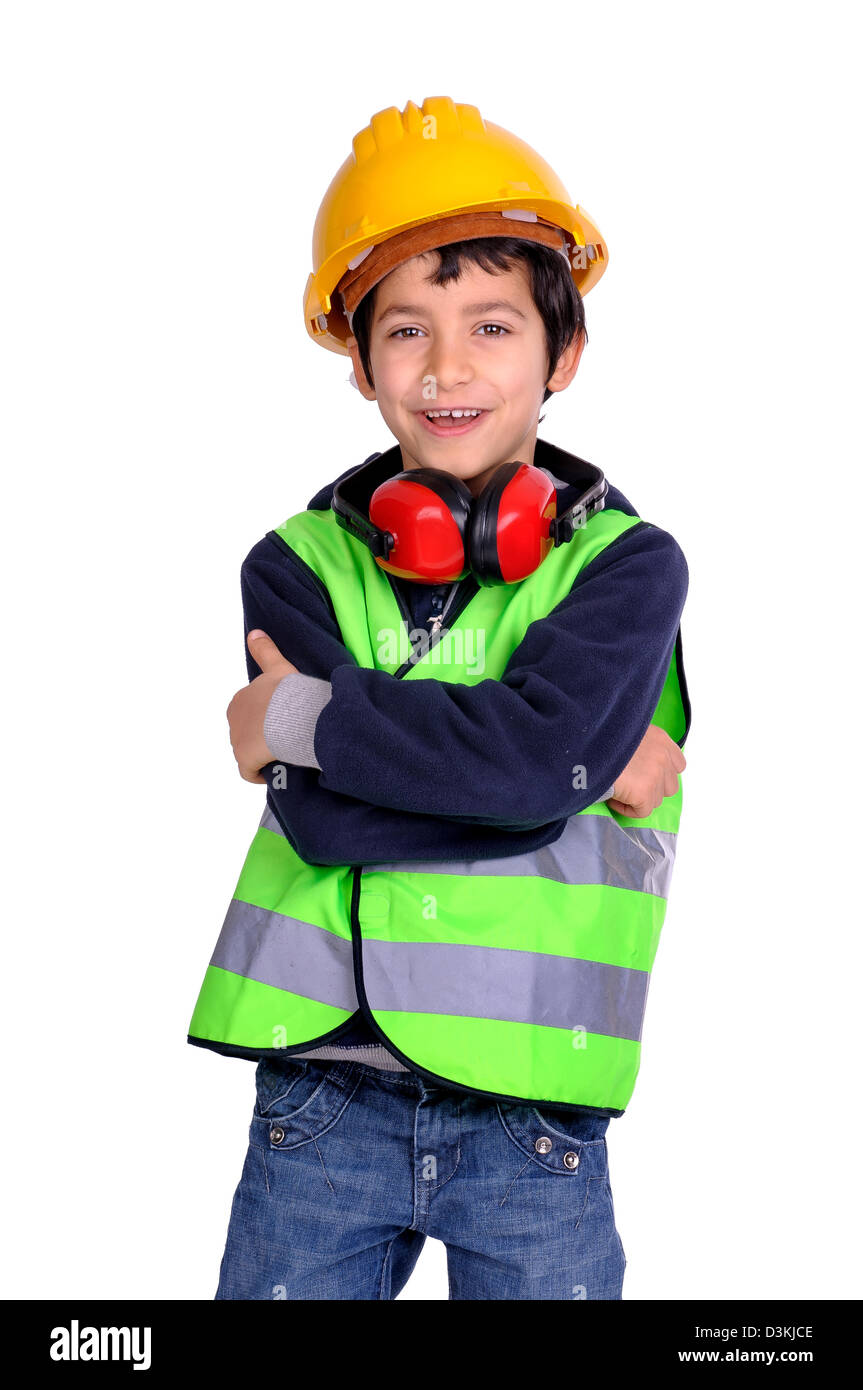 Jeune garçon dans le pignon de la construction Banque D'Images