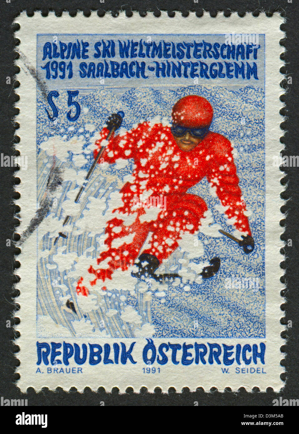 Autriche - circa 1991 : timbre-poste imprimé en Autriche dédié aux Championnats du Monde FIS de Ski Alpin (1991), vers 1991. Banque D'Images