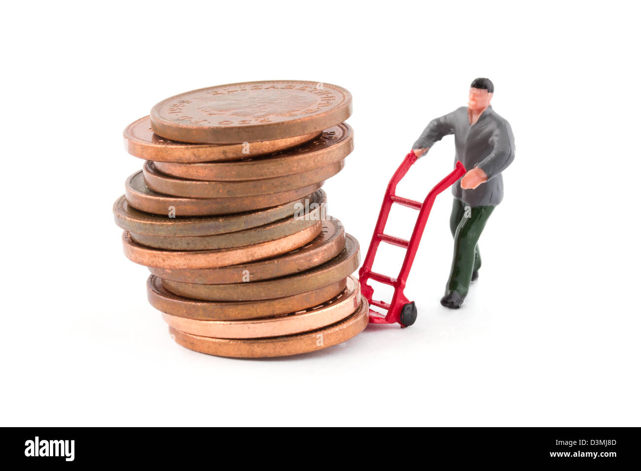 Figure miniature le déplacement d'une pile de pièces sur blanc Banque D'Images