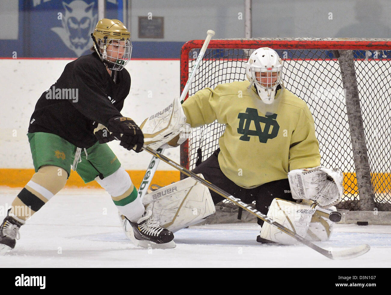 West Haven, CT USA-- Notre Dame de West Haven Goalie Lou Amatruda lors de la pratique. Banque D'Images