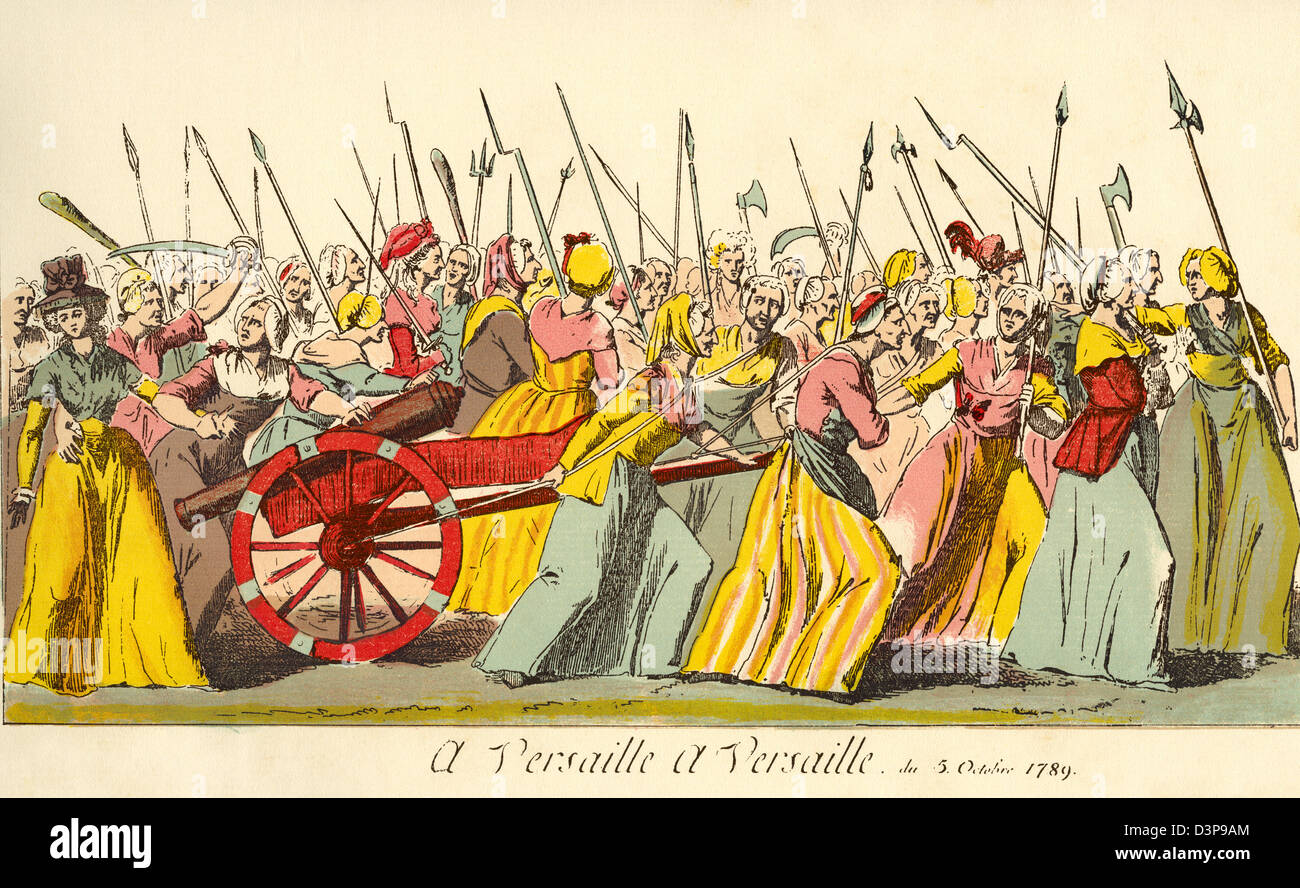 Mars de l'poissardes, ou les femmes du marché, à Versailles, au cours de la Révolution française, à la demande de pain et de justice. Banque D'Images