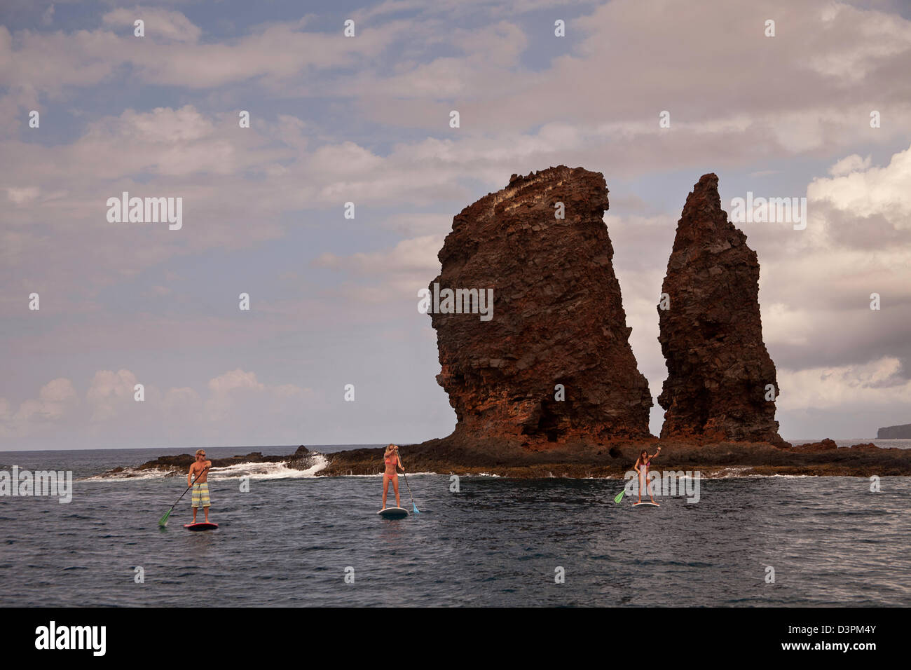 Trois jeunes sur le stand-up paddle boards à aiguilles à l'extérieur de l'île de Lanai, Hawaii. Tous les trois sont des modèles publiés. Banque D'Images