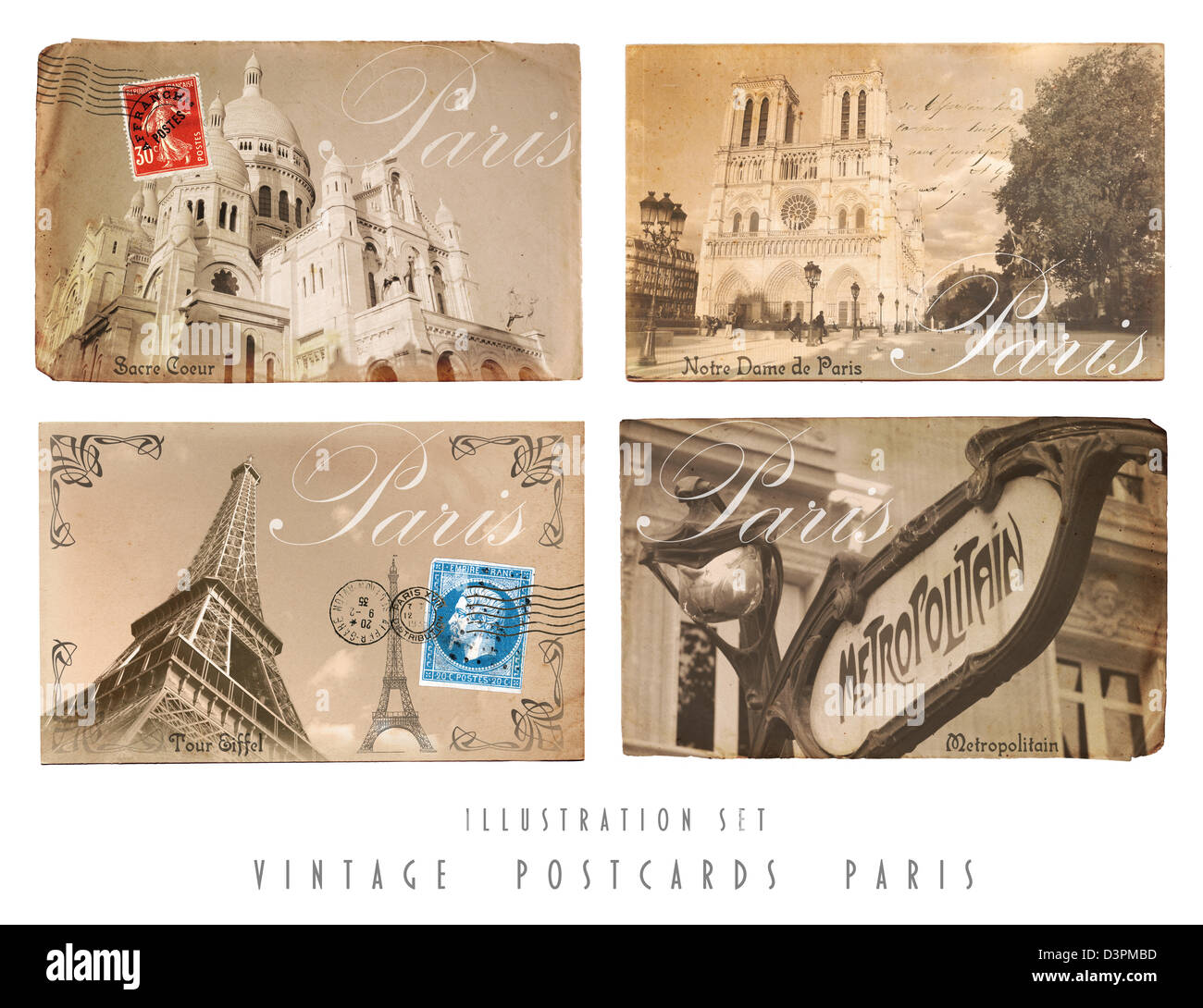 Set de 4 cartes postales anciennes de Paris Banque D'Images