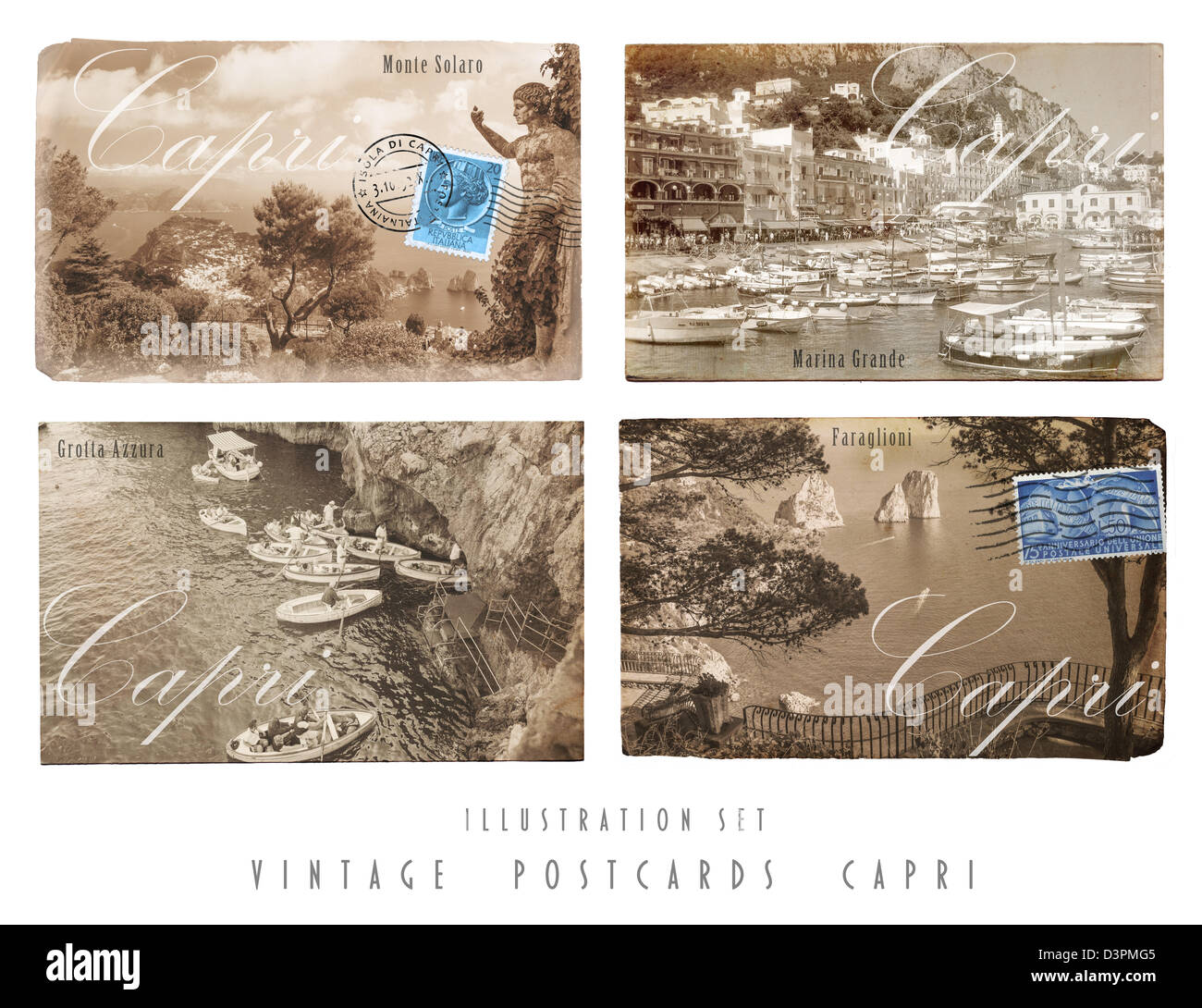 Set de 4 cartes postales anciennes de Capri, Italie Banque D'Images