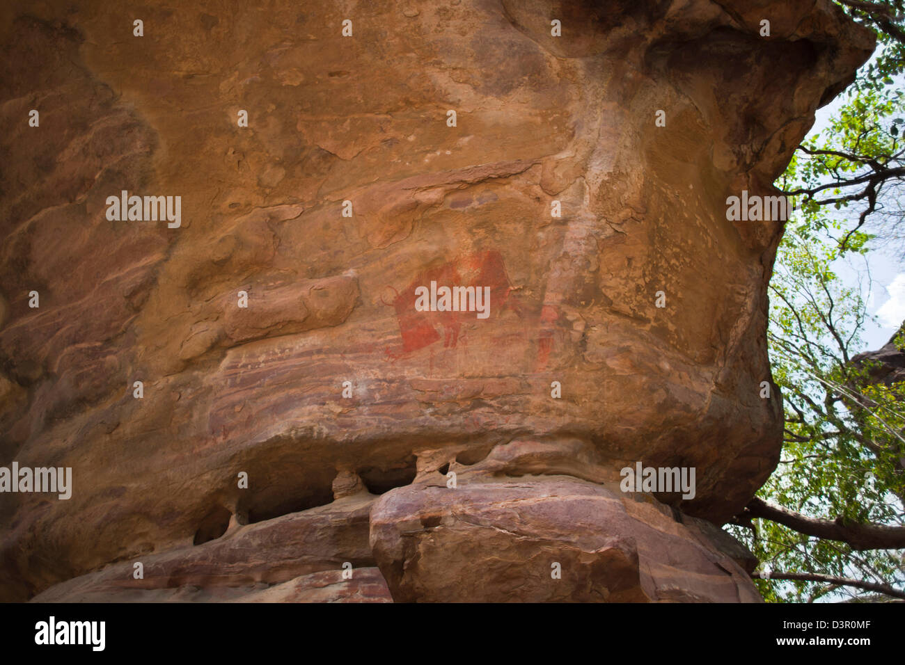 Peintures rupestres montrant un homme d'être attaqué par un bison, Bhimbetka abris sous roche, Raisen District, Madhya Pradesh, Inde Banque D'Images