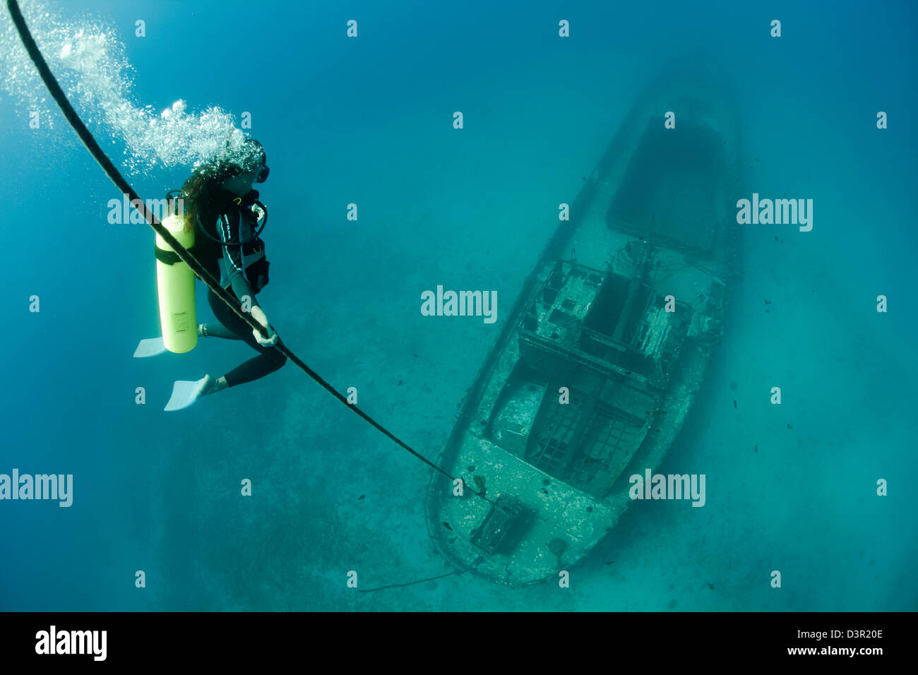 Un plongeur et l'épave du Carthaginois, une fois qu'un monument de Lahaina, coulé comme récif artificiel au large de Lahaina, Maui, Hawaï. Banque D'Images