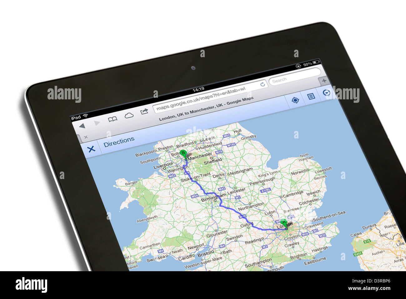La planification d'un itinéraire de Londres à Manchester en utilisant des cartes sur Google.co.uk, vue sur un iPad 4e génération Banque D'Images