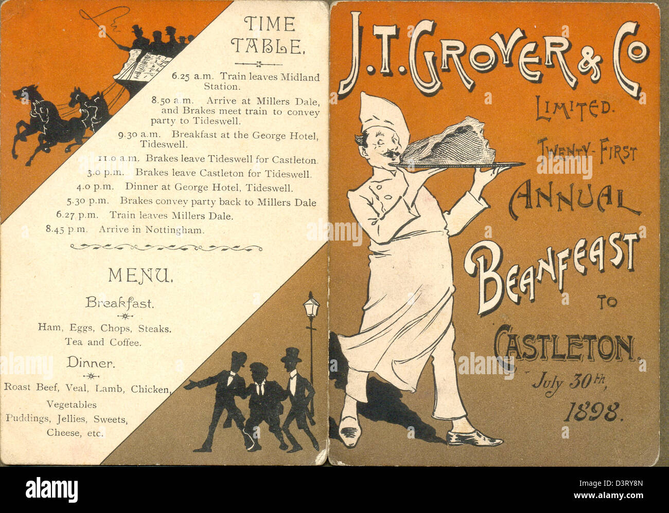 Menu, programme et calendrier pour l'Beanfeast annuel pour les employés de J T Grover Banque D'Images