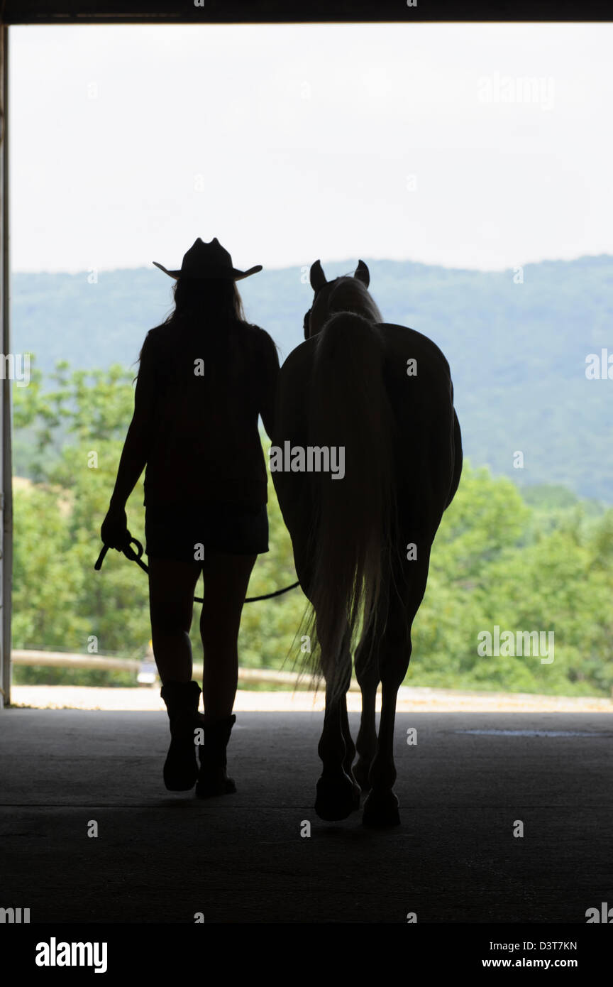 Femme et cheval découpé en porte de grange ouverte, un country girl wearing cowboy hat, d'été, shorts et les bottes. Banque D'Images
