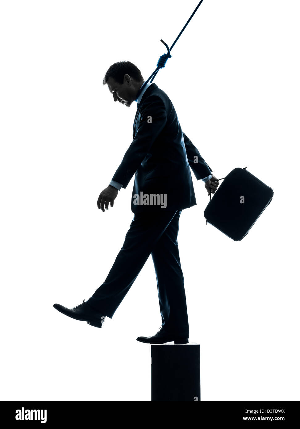 Un homme suicidaire business man hanging in silhouette studio isolé sur fond blanc Banque D'Images