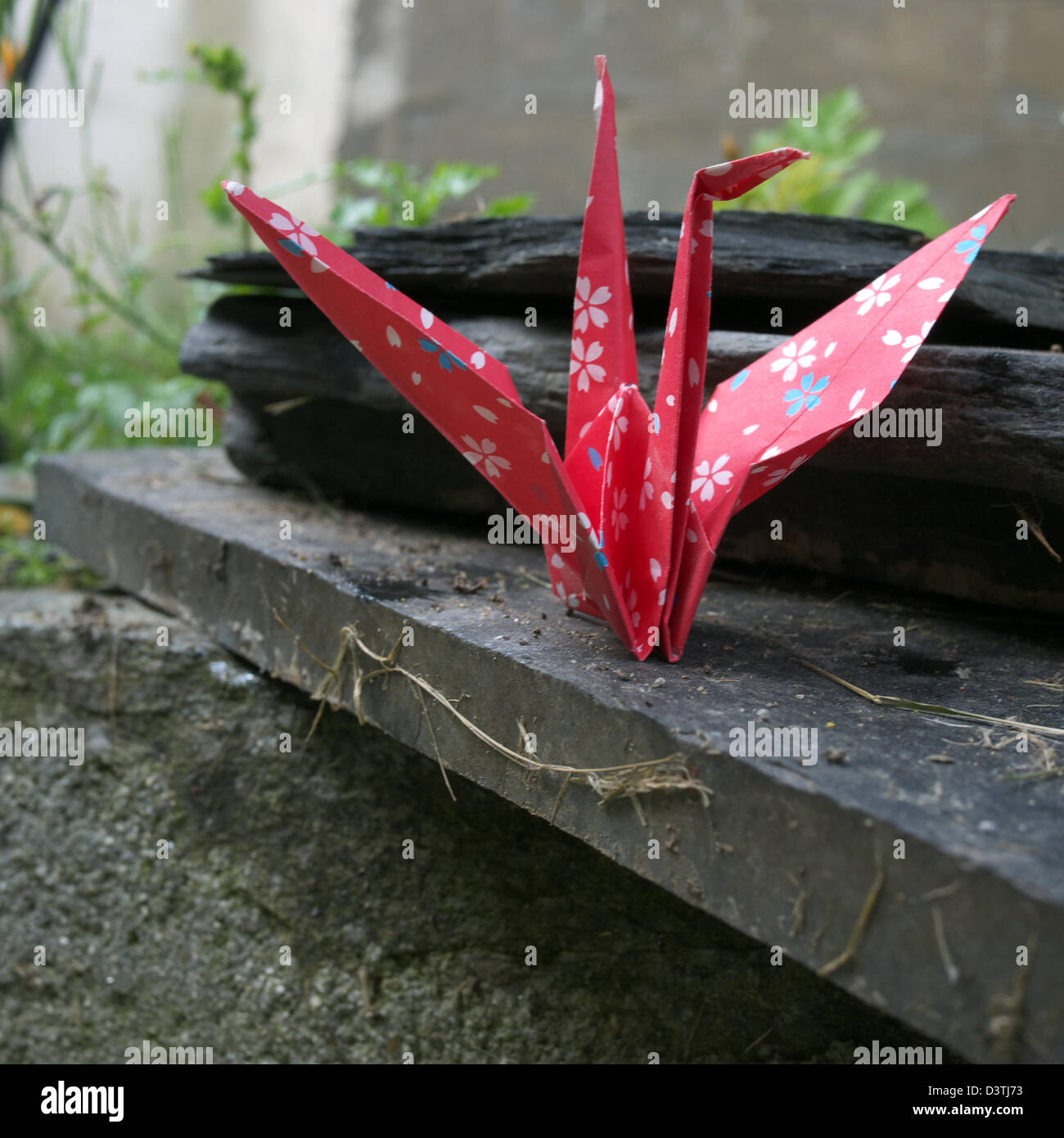 Grue de papier rouge placé à l'extérieur sur une dalle d'ardoise Banque D'Images