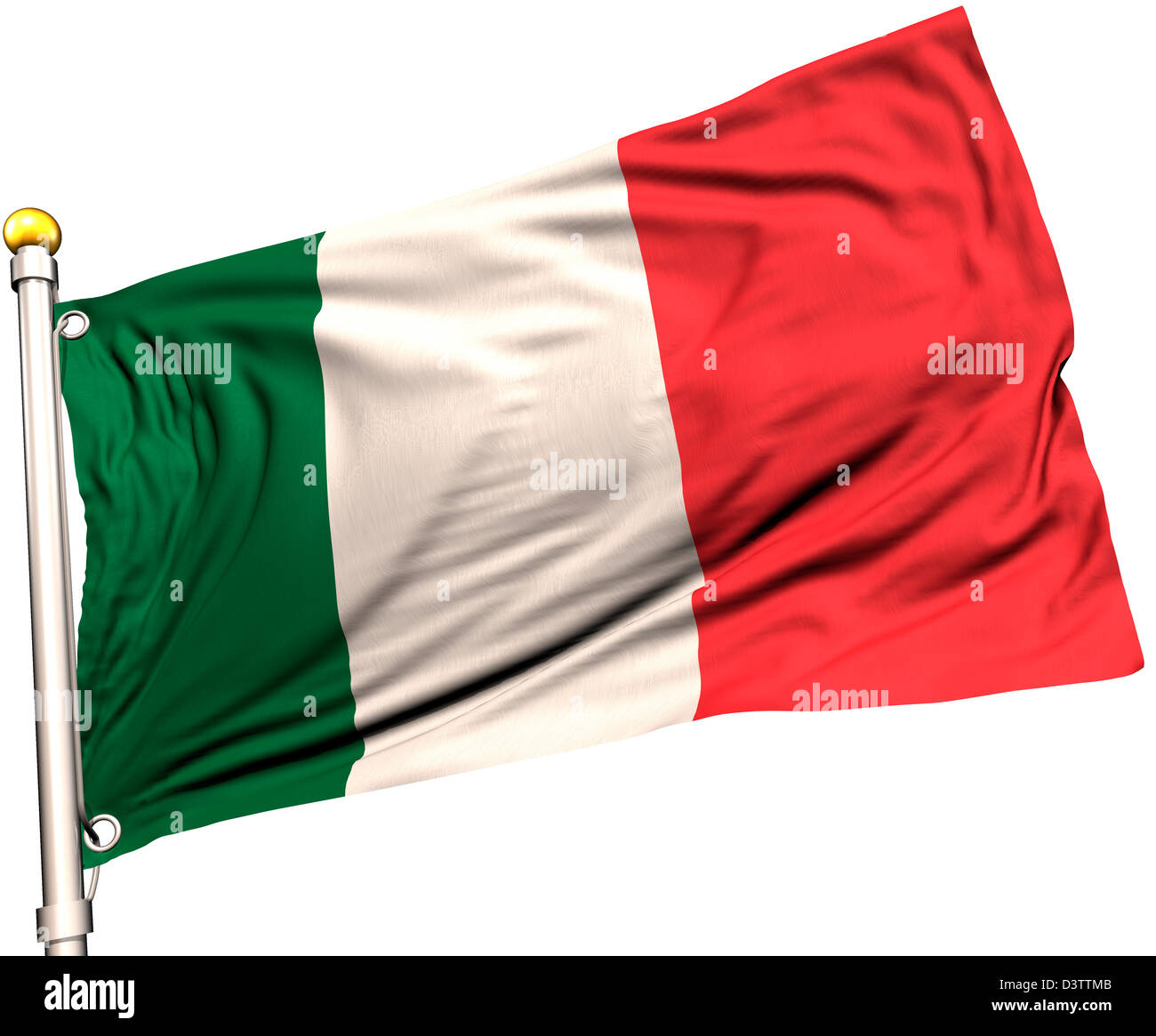 Italie drapeau sur un mât. Chemin de détourage inclus. La texture de la soie visible sur le drapeau à 100  %. Banque D'Images