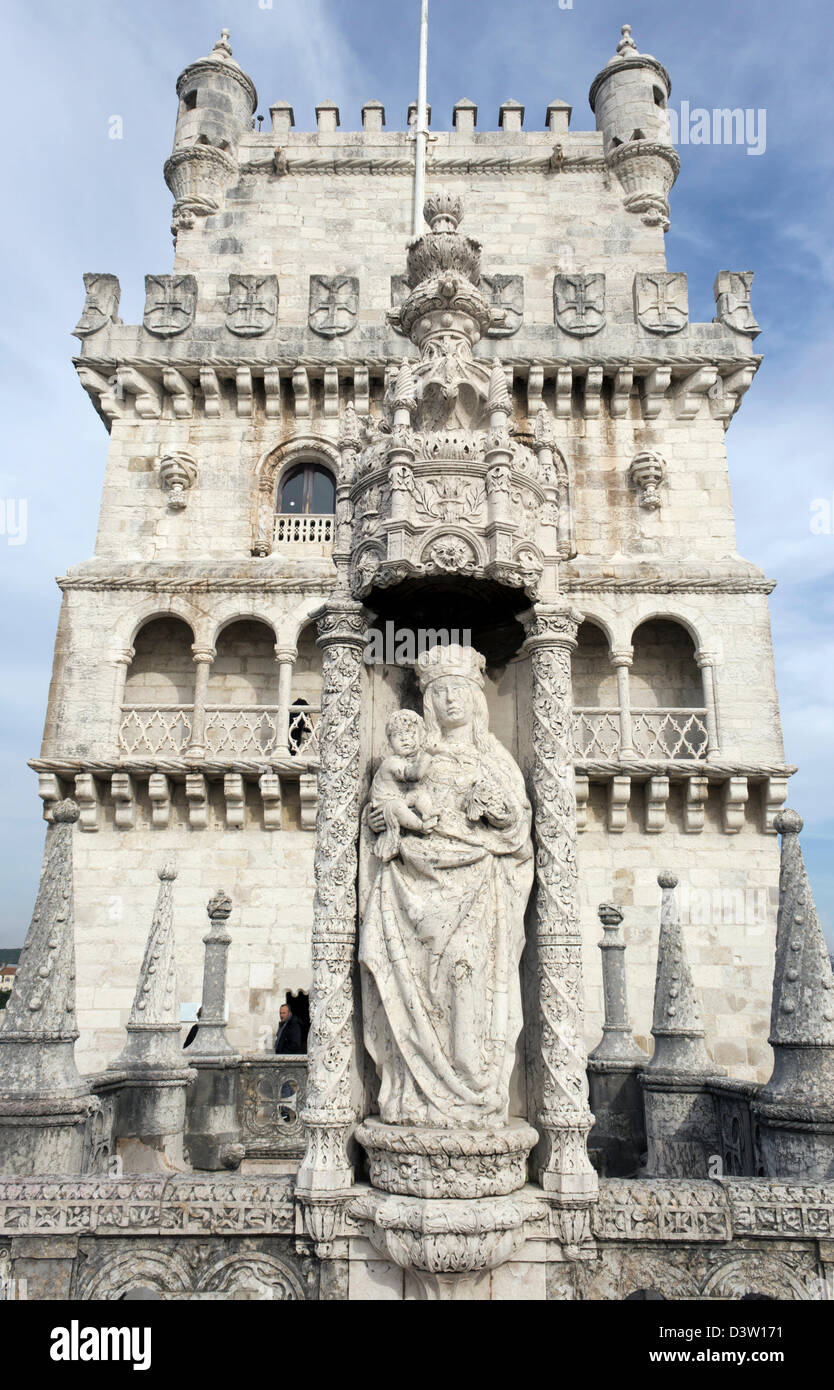 Détail de la Tour de Belém aka Torre de Belém, ou la tour de St Vincent, Santa Maria de Belém, Lisbonne, Portugal. Banque D'Images