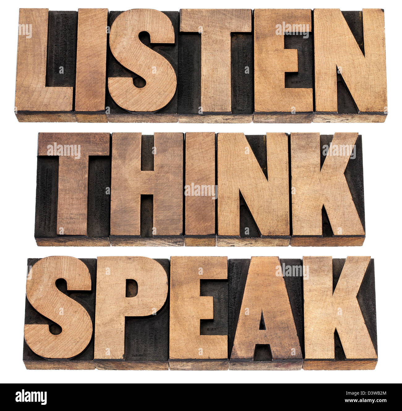 Écouter, réfléchir, parler - communication concept - isolé du texte dans la typographie vintage type de blocs d'impression Banque D'Images