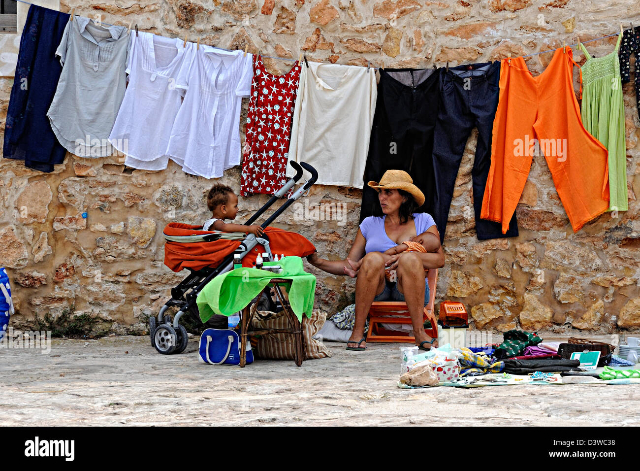 Marché Hippie d'un décrochage. Formentera, Îles Baléares, Espagne Banque D'Images