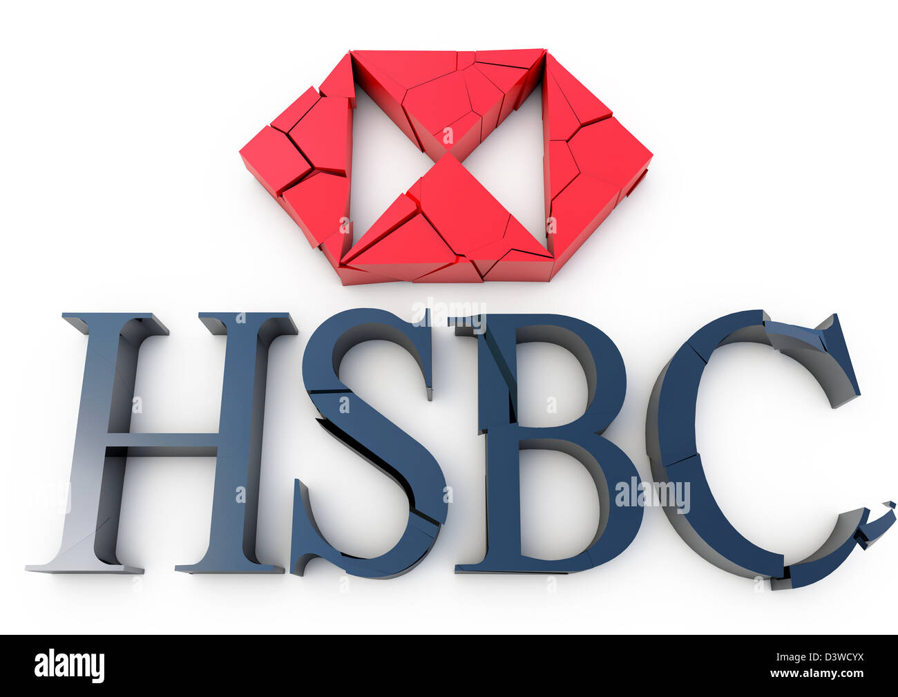 3D render of a la fissuration et le logo de la banque HSBC en ruine - Notion - Fond blanc Banque D'Images