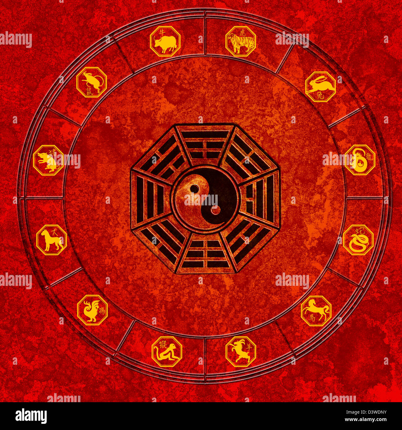 Zodiaque chinois et Yin Yang Banque D'Images