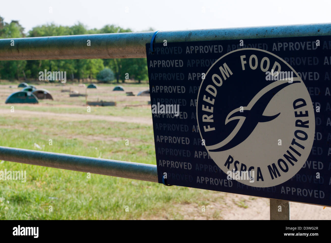 Inscrivez-Freedom Food sur gate à un champ de pig arks. Banque D'Images