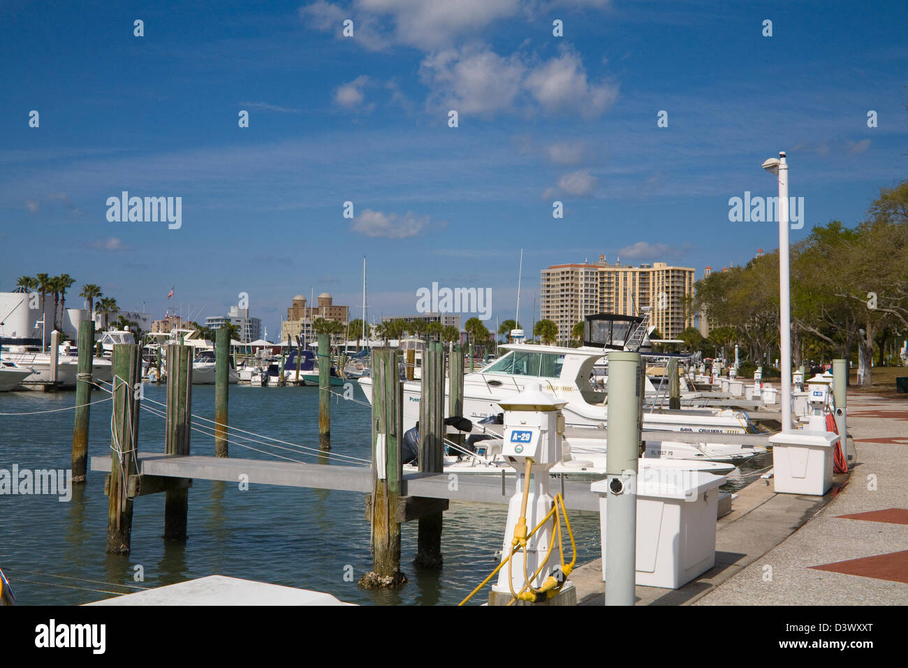 Sarasota Floride USA Février Chers yachts amarrés dans la marina Bay Front sur la promenade Island Park Banque D'Images