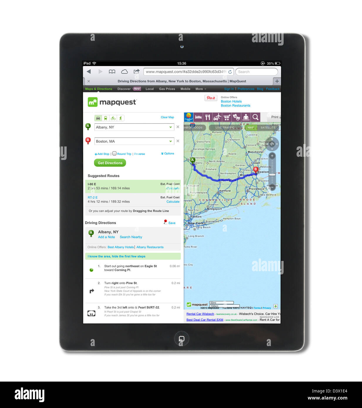 À l'aide de Mapquest pour planifier un itinéraire à partir d'Albany à Boston, vue sur un iPad 4e génération Banque D'Images